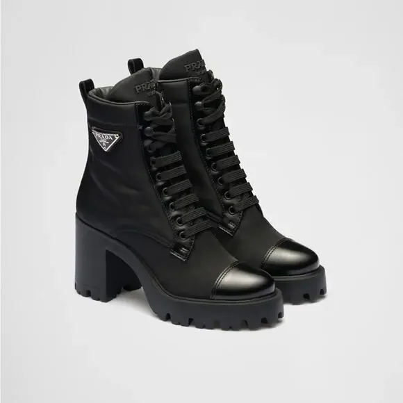Prada Black Leather/ Re-Nylon Metal Triangle Logo 110mm Ankle Boots EU 38.5 - Picture 1 of 15